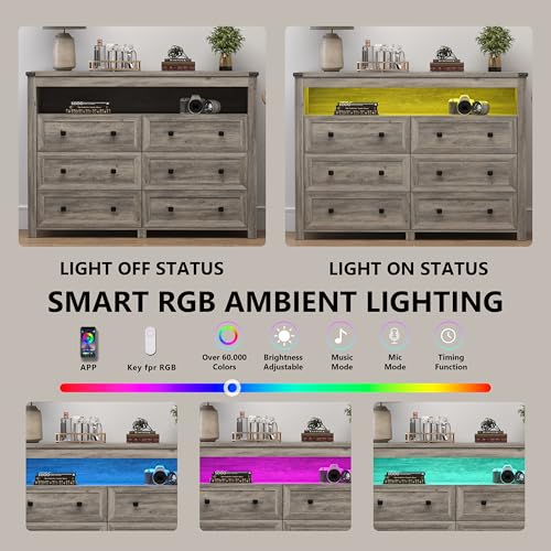 Dresser for Bedroom with 6 Drawers, Wide Chest of Drawers with LED Light and Power Outlet, Wooden Closet Organizer Clothes Storage Cabinet, Modern Double Dressers for Living Room, Hallway, Grey - color: Grey, size: 15.8"D x 47.2"W x 39.4"H (6 Drawers)