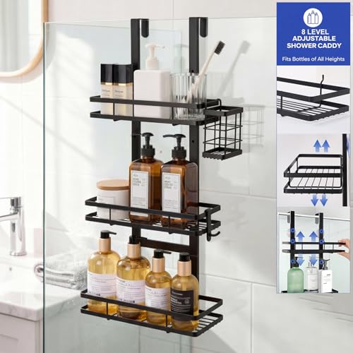 Over the Door Shower Caddy Hanging, Rustproof Shower Shelves with Waterproof Phone Pouch, 3-Tier Adjustable Bathroom Organizers and Storage, No Drilling Shower Shelf, Black Shampoo Soap Holder - size: 3 Tier