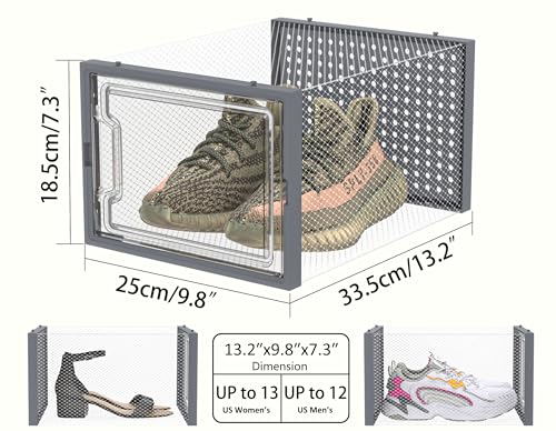 HOMIDEC Shoe Storage, 12 Pack Shoe Organizer for Closet, Shoe Boxes Clear Plastic Stackable Shoe Containers with Lids for Size 13 - color: Grey, size: XL