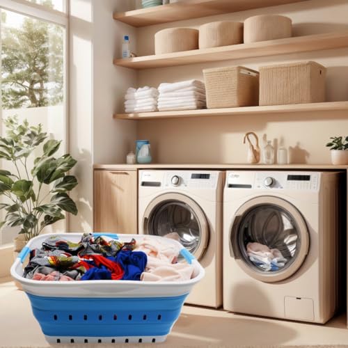 SAMMART 42L (11 gallon) Collapsible Plastic Laundry Basket - Foldable Pop Up Storage Container/Organizer - Space Saving Hamper/Basket (1, White/Marine Blue) - color: White/Marine Blue