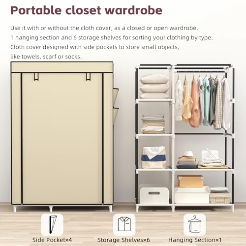 Calmootey Portable Closet Organizers, Clothing Storage, Wardrobe with 6 Shelves and Hanging Rod, Non-Woven Fabric Cover with 4 Side Pockets, Beige - color: Beige
