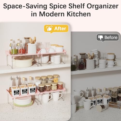 STARLATTA 2 Pcs Cabinet Organizer Shelf，Stackable Kitchen Counter Shelves, Spice Rack,Countertop Organizers，Pink Plastic Storage Shelves Rack for Makeup，Bathroom, Cupboard，Desk，Pantry Organization - color: pink, size: 2 pack
