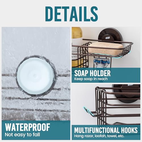 TAILI Shower Caddy Suction Cup with Hooks & Soap Holder, Heavy Duty Bathroom Shower Organizer, No Drilling Shelves for Inside Bathroom, Brown Metal Storage Holder - style: 1× Brown