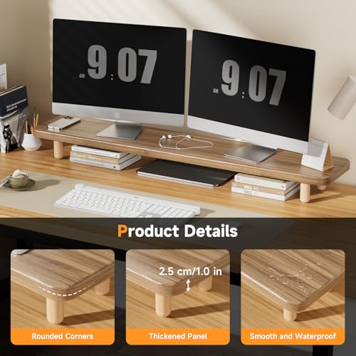 Dual Monitor Stand Riser, 39 Inch Extra Long Wooden Desktop Monitor Riser with Storage for 2 Monitors Ultra Strong Desk Shelf Organizer Riser Ergonomic for 2 Screens/Laptop/PC/TV/Printer (Light Walnut, 39inches) - color: Light Walnut