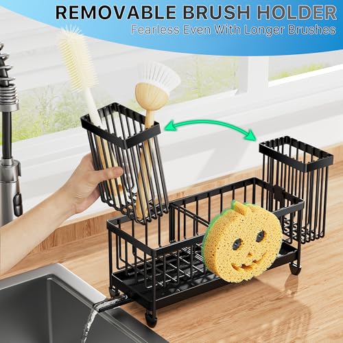 Cisily Sponge Holder for Kitchen Sink, Sink Caddy Organizer with High Brush Holder, Kitchen Countertop Organizers and Storage Essentials, Rustproof 304 Stainless Steel (Black with Smiley Face, 9.25″) - color: Black With Smiley Face