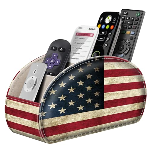 FINTIE Remote Control Holder, 5 Compartments Vegan Leather TV Remoter Caddy Desktop Organizer Makeup Brush Holder Storage Fits TV Remotes, Media Controllers, Office Supplies(US Flag) - color: US Flag