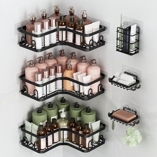 Veken Corner Shower Caddy 6-Pack, Advanced Rustproof Design, No Drilling Adhesive Shelves, Rack with Soap Holder, Large Capacity Bathroom Organizers and Storage, Wall-Mounted Kitchen&Home Decor,Black - color: Black, size: 6-Piece Set(3 Large+3 Small)