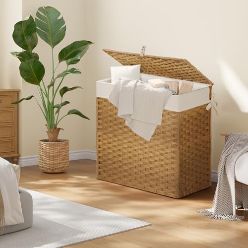 Greenstell Laundry Hamper with Lid, 125L Wicker Laundry Baskets with 2 Removable Liner Bags & 5 Mesh Laundry Bags, Handwoven Rattan Clothes Hamper with Handles for Clothes in Bathroom, Bedroom - color: Light Natural