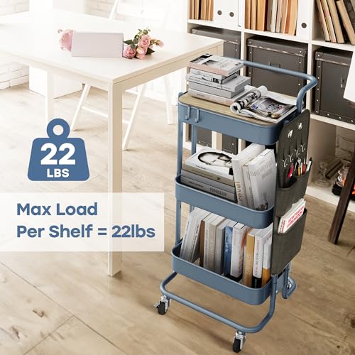 DTK 3 Tier Metal Utility Rolling Cart with Table Top and Side Bags, Metal Tray Storage Organizer Cart with Wheels, Art Craft Cart with 4 Hooks for Kitchen Bathroom Office Living Room (Blue) - color: Blue, size: Large