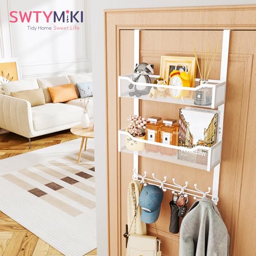 SWTYMIKI Over The Door Hook with 16 Hooks & 2 Mesh Baskets - Heavy Duty Over The Door Organizer Hanger for Towels, Coats, Clothes - Space Saving Hanging Rack for Bathroom, Living Room, White - color: White