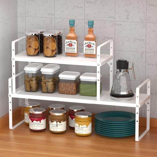 ‎Expandable Kitchen Cabinet Storage Shelf, Stackable Metal Pantry Storage Shelves Organizer, Adjustable Height Counter Spice Rack for Kitchen Cabinet (White - 16.5"-27" L x 10.2" W x 9.6" H - 3Pack) - color: White-3pack, size: Large - L16.5-27'' * W10.2''