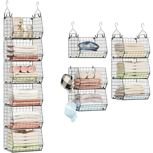 6 Tier Closet Hanging Organizer, Clothes Hanging Shelves with 4 Hanging Hooks 5 S Hooks, Wire Storage Basket Bins, for Clothing Sweaters Shoes Handbags Clutches Accessories Patent Design-Black
