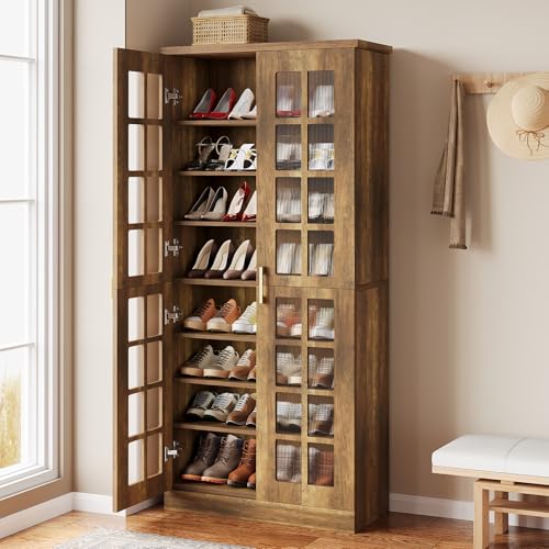 Tribesigns Tall Shoe Cabinet with Doors, 8-Tier Shoe Storage with Adjustable Shelves, Modern Shoe Organizer Shoe Rack Cabinet for Entryway, Hallway, Closet, Living Room, Rustic Brown - color: Rustic Brown
