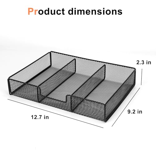 Desk Drawer Organizer Tray, Office Junk Drawer Organizer with 3 Compartments, Metal Mesh Dividers Pen Pencil Storage Box for Office Supplies Desk Accessories Workspace School Cosmetic Organization