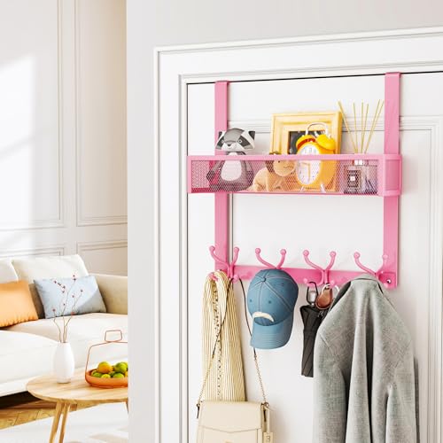 SWTYMIKI Over The Door Hook with 16 Hooks & Mesh Baskets - Heavy Duty Over The Door Organizer Hanger for Towels, Coats, Clothes - Space Saving Hanging Rack for Bathroom, Living Room, Pink - color: Pink-1 Basket