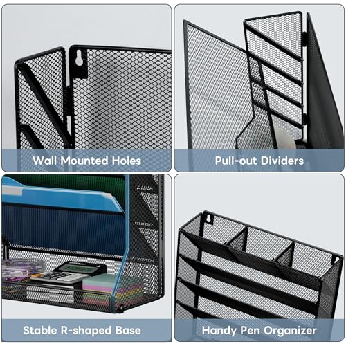 Jakyitvi File Organizer Wall Mounted 5 Tiers, Durable Adjustable Metal Vertical Hanging, Stable R-Shaped Bottom 4 Pull-Out Deviders to Sort File,Mail,Newspaper,Pen, Suitable for Office,Black - size: 5-Tire & Unilateral