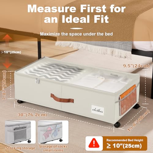 Under Bed Storage Containers with Wheels 9.5 inches Higher Under Bed Storage XXXL Underbed Shoes Blankets Clothes Storage Organizer 2 Pack Under the Bed Storage for College Dorms Bedroom Nursery Rooms - color: Beige