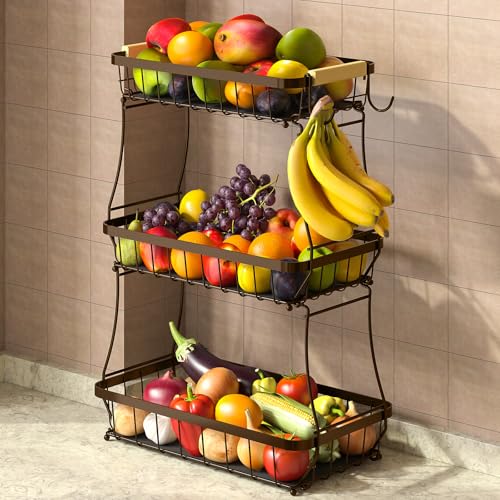 Sevenblue 2 Tier Large Fruit Basket for Kitchen Counter with 2 Mobile Banana Hangers, 2026 Pro Detachable Metal Fruit Bowl with Wooden Handle (Brown, 3 Tier) - color: Brown, size: 3 Tier