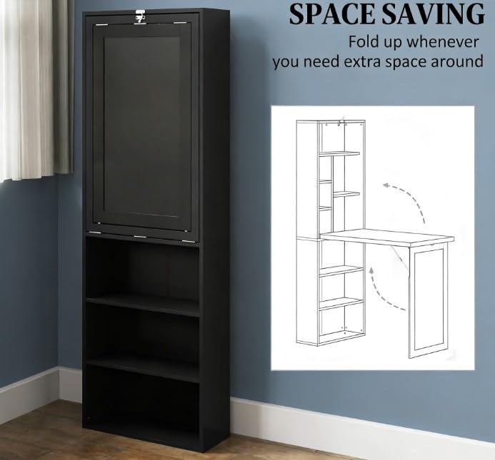 Foldable Wall Mounted Desk with Storage Shelves, Fold Out Convertible Computer Table with Blackboard, Folding Writing Table Workstation for Small Spaces,Home Office (Black) - color: Black