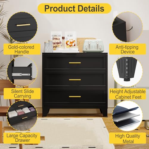 34.25" Tall Metal Dresser for Bedroom, 3 Drawer Black File Cabinet with Gold Handles, Dressers Chests with Fluted Panel, Vertical Drawer Storage Cabinet for Living Room, Entryway, Hallway - color: Black, style: Wide Style/3 Drawers
