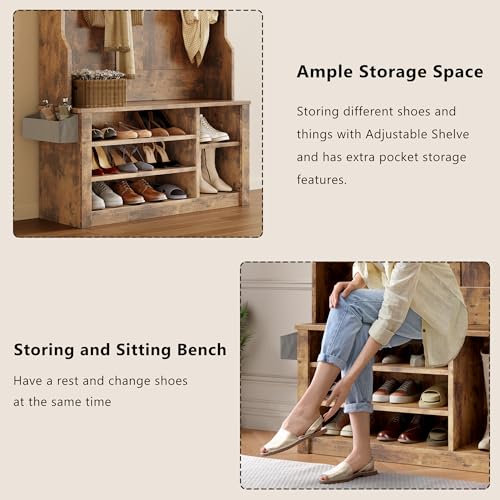 Aiho Entryway Hall Tree with Bench and Storage, 3-in-1 Hall Tree with Coat Rack, Adjustable Shoe Bench, 2-Tier top Storage, for Hallway, Entryway, Bedroom, Rustic Brown - color: Brown