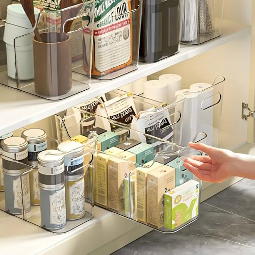 Tall Narrow Clear Bins with Dividers, Plastic Containers for Organizing Kitchens and Bathrooms - 14" L, 2 Pack
