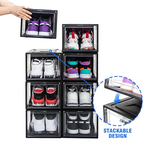 12 Pack Shoe Boxes, Clear Acrylic Plastic Shoe Boxes Stackable, Space-Saving Foldable Drop Front Shoe Storage Boxes Container for With Lids Fits Up to Size 15 (Dark Black) - color: Dark Black