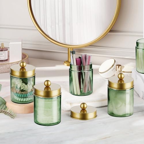 Amolliar Sage Green Apothecary Glass Jar With Metal Lid & Stickers, Bathroom Qtip Holder Storage Canister, Farmhouse Decor for Cotton Balls, Cotton Swabs, Round Pads, Bath Salt, Floss,Gold 4 Pack - color: Green-Gold Lid