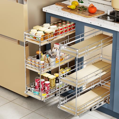 ROOMTEC 3-Tier Pull Out Cabinet Organizer Spice Rack for Narrow Cabinet 8" W x 20½" D, Slide Out Wood Shelves Storage for Kitchen - size: 8" W x 20½" D, 3 Tier, Wood Shelves