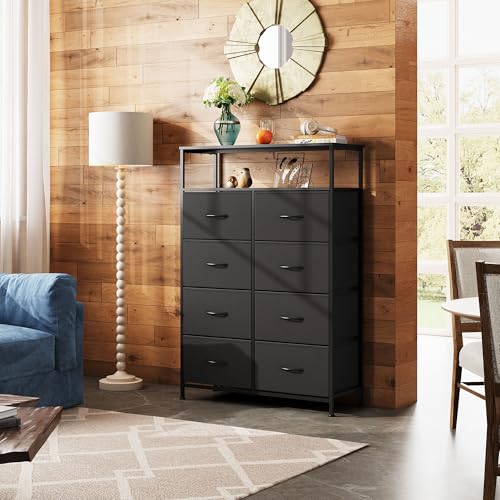 WLIVE Fabric Dresser for Bedroom with Open Shelves, Tall Black Dressers with 8 Drawers, Storage Tower with Fabric Bins, Chest of Drawers for Closet, Living Room, Hallway - color: Charcoal Black, style: Raised Shelves