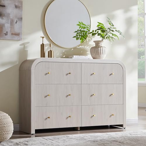T4TREAM Fluted 6 Drawers Dresser for Bedroom, 54" Wide Modern Chest of Drawers with Thickened Curved Profile Design, Wood Dressers TV Stand for Bedroom, Living Room, Hallway, Alder White - color: Alder White, size: 15.75"D x 54"W x 36"H(6 Drawers)
