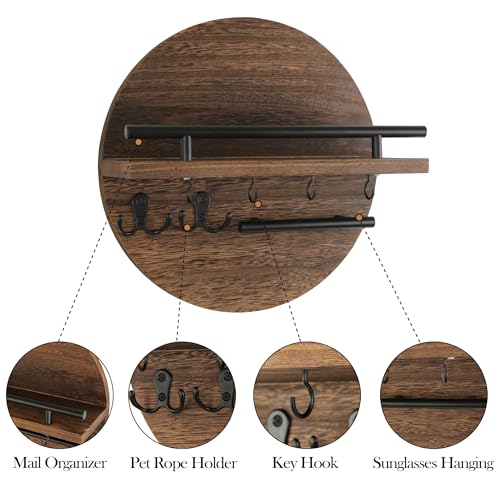 Gurfuy Key Holder for Wall with Shelf - Wood Mail Organizer and Rack with Shelf Hooks Wall Mounted for Entryway Decor Magazines Letter Storage Farmhouse Living Room Bedroom Doorway (Rustic Brown) - color: Rustic Brown