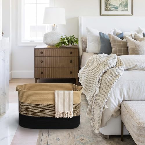 Extra Large Blanket Basket, 23.6"x15.7"x14.1" Woven Blanket Storage for Living Room, Oversized Wicker Floor Basket, Big Cotton Rope Kids Dog Toy Bin Box, Decorative Rectangle Pillow Holder - color: Black and Jute