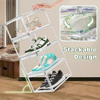 2 Pack Drop Front Acrylic Shoe Boxes with Magnetic Door Fit US Size 12, Clear Stackable Shoe Organizer for Closet, Entryway, Underbed, Multiple Display Cases for Hats, Figures, Sneakers - size: Medium Size 12