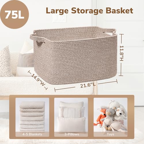 Goodpick Large Woven Storage Basket, 21.6" x 14.9" x 11.8" Blanket Basket for Living Room, Bedroom, Rectangle Rope Storage Organizer for Clothes, Toys, Brown - color: Brown, size: Large(21.6"L x 14.9"W x 11.8"H)