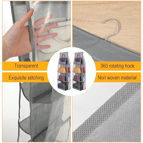 3 Packs Hanging Handbag Organizer for Closet, Purse Organizer For Closet, Purse Storage Holder with 8 Clear Pockets, Space Saving Purses Hanger for Wardrobe Door Wall, Gray