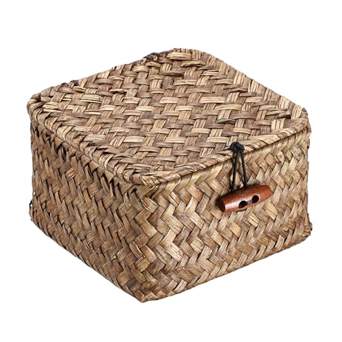 Hipiwe Handwoven Seagrass Basket Bin Small Decorative Shelf Basket Boxes with Lid Wicker Storage Baskets Bins Multipurpose Table Organizer for Key Home Decor, 4.7"L x 4.7"W x 3"H - color: Coffee color, size: 4.7" x 4.7" x 3"