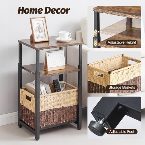 Side Table with Storage Basket, Small End Table with Modern Design and Adjustable Height for Living Room, Bedroom Nightstand Bedside Table for Small Spaces (Rustic Brown + Classic Black) - color: Rustic Brown + Classic Black