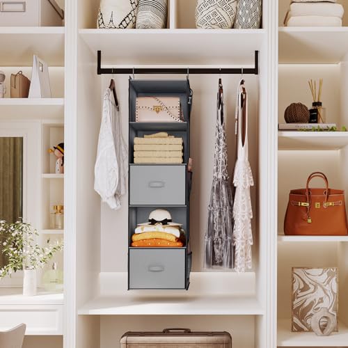 YOUDENOVA Hanging Closet Organizer, 5 Tier Hanging Closet Shelves with 6 Side Pockets and 2 Drawers, Light Grey