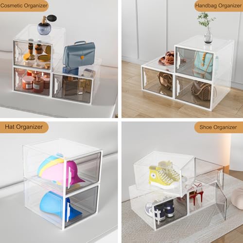 XL Large Stackable Shoe Boxes - Clear Plastic Shoe Storage Boxes with Magnetic Door, Thicken Shoe Organizer for Closet, Space Saving Foldable Shoe Containers Bins for Sneaker Boot - 6 Pack(White) - color: White