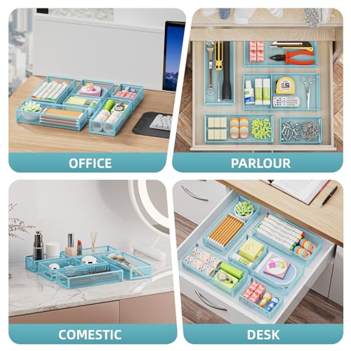 Marbrasse 5 Pack Desk Drawer Organizer Set, Mesh Drawer Storage Trays with 1 Adjustable Divider, Desk Organizers and Accessories, 5 PCS Drawer for Office Supplies, Makeup & Vanity (Blue) - color: Blue