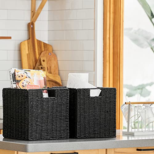 Vagusicc Storage Basket, Set of 2 Hand-Woven Storage Baskets for Organizing with Handles, Foldable Cube Storage Baskets Bins Organizer, 13 inch Large Wicker Baskets for Shelves & Decor, Black - color: Black, size: 13'' x 13'' x 13''