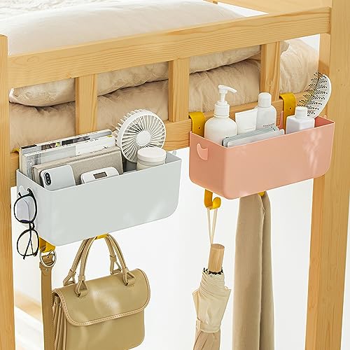 Poeland Bedside Hanging Storage Basket with Hooks, Bunk Bed Organizer Shelf Bunk Bed Storage Caddy Holder for Remote Phone Glasses Bottle in Dorm Bed Room Bathroom Camper Rv Loft Bed - color: Pink
