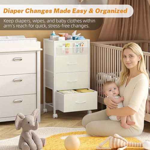 4-Tier Baby Diaper Caddy Organizer Cart with 3 Storage Drawers, Rolling Cart with Dividers & Side Pockets for Nursery, Baby Essentials, Toys, Wipes & Creams, Portable Kids Storage Cart & Station - color: Light Khaki, size: 11.8"D x 16.5"W x 31.9"H (3 Draw