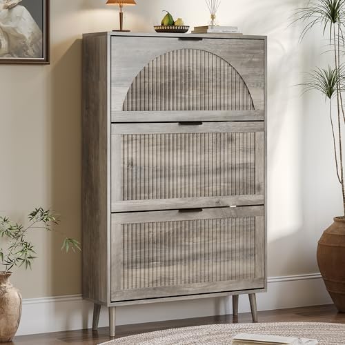 BORNOON Shoe Cabinet for Entryway with 3 Flip Drawers, Slim Wooden Shoe Storage Organizer with Modern Fluted Pannel，Freestanding Narrow Hidden Shoe Rack for Hallway, Foyer, Living Room - color: Grey, size: 3 Flip Drawers