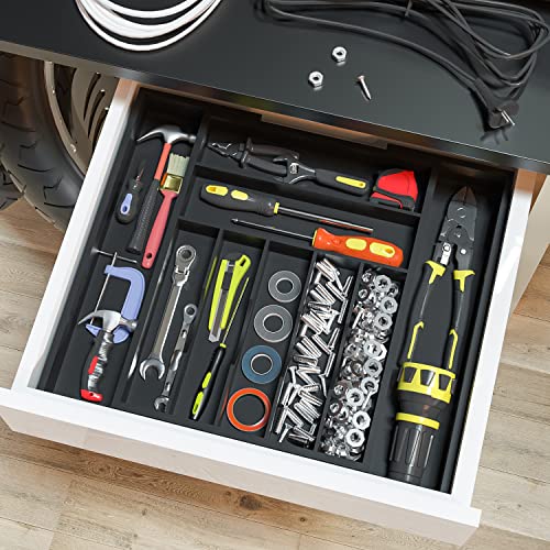 Utensil Organizer Silverware Drawer Organizer - Bamboo Expandable Cutlery Tray with Dividers for Utensil Holder Office Storage Makeup Desk Drawer Tool Organization W13.5"-19.5" x L17.5" x H2.5"(Black) | Expandable, Cutlery Tray, with Dividers, Utensil Hol