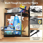 iSPECLE Under Kitchen Sink Organizer - 2 Tier Pull Out Under Sink Storage for Centered Garbage Disposal, Reach Back Items Easily Adjustable Shelf Height Heavy Duty H-Frame for Bathroom Sink Bases