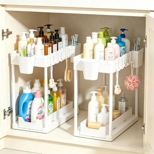 Under The Sink Organizer, 2 Tier Sliding Under Kitchen Sink Organizer, Multi-Use Pull Out Cabinet Organizer for Countertop, Bathroom, Pantry & Office Organization (White(2 pack)) - color: White(2 pack)
