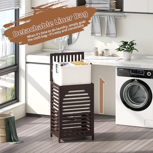 FILWH Laundry Hamper with Lid (16.9 * 13 * 26.5inches) Large Bamboo Laundry Bin Basket 85L Clothes Hamper with 1 Removable Bag Storage baskets for Bathroom(Brown) - color: Brown