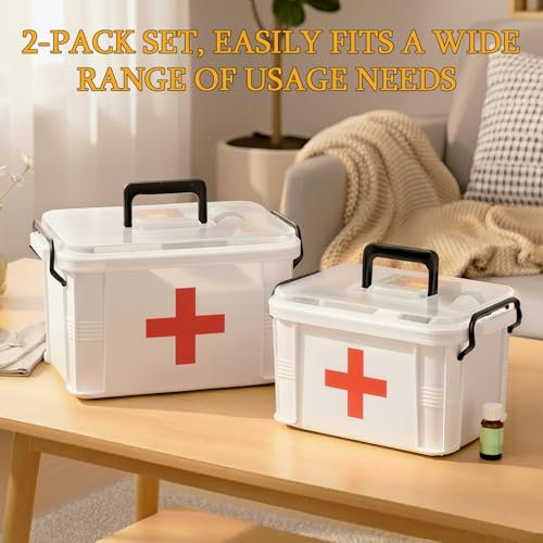 2 Pack Clear Medicine Organizer Box with Handle, Plastic Medicine Container with Tray First Aid Box Empty, Thickened Medicine Storage Organizer Multipurpose Medication Organizer Storage, White - color: White-2Pack